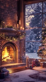Snow-glazed window cradles a glowing Christmas hearth