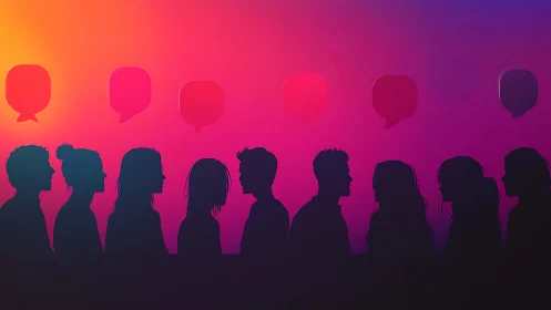 Silhouetted voices drift beneath glowing speech bubble constellations