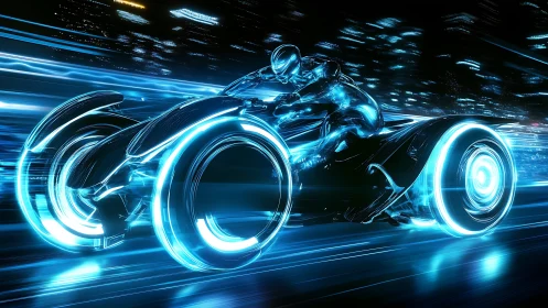 Neon rider racing through a glowing digital nightscape.