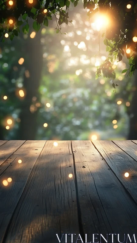 Wooden surface with bokeh lights and foliage backdrop.
