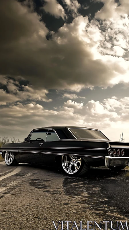 Lowrider coupe under stormy sky with chrome reflections.