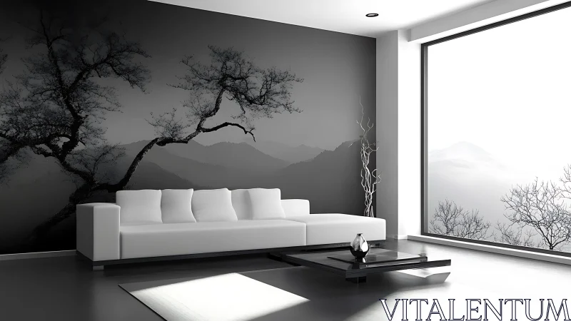 Monochrome minimal living space with panoramic landscape mural.