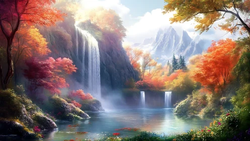 Autumn fantasy waterfalls in luminous mountain valley.