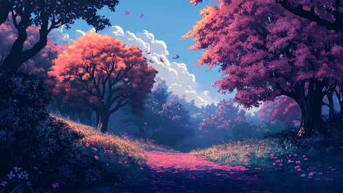 Fantasy Forest with Blooming Trees and Pink Stream.