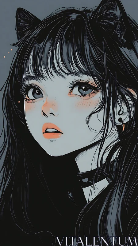 Cat-eared anime girl portrait with soft gray palette.
