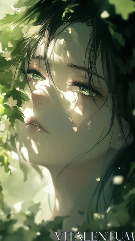 Solitary green-eyed girl rests amid dappled forest leaves