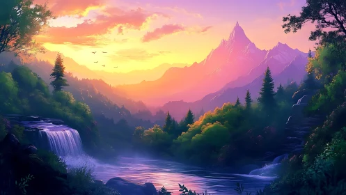 Luminous alpine valley with cascading river at radiant sunset.