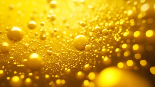 Golden liquid bubbles macro with glowing bokeh, abstract art style.
