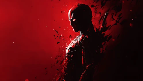 Shadowed red hero dissolving into swirling darkness.