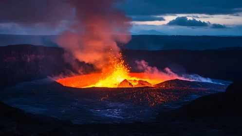 Active Volcanic Crater at Twilight: Incandescent Lava Fountain with Magma Lake