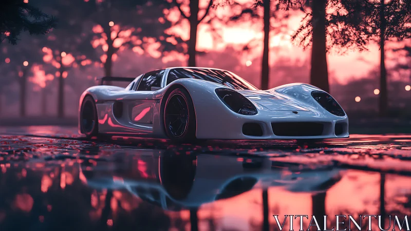 White sports coupe on wet reflective pavement at dusk.