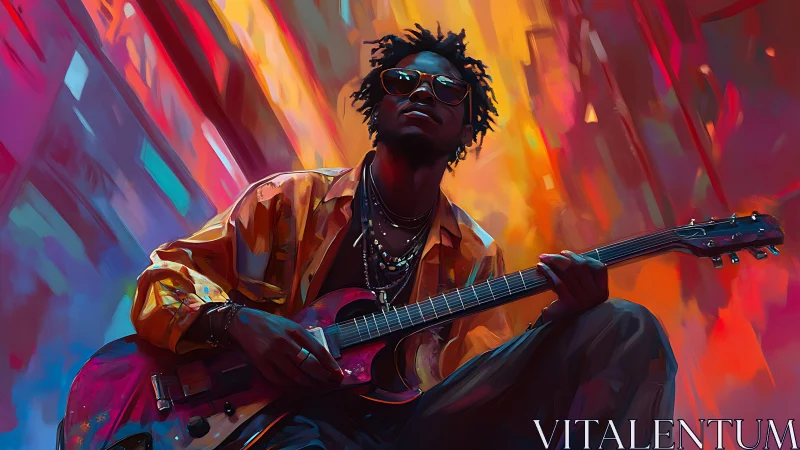 Urban guitarist in neon expressionist digital palette.