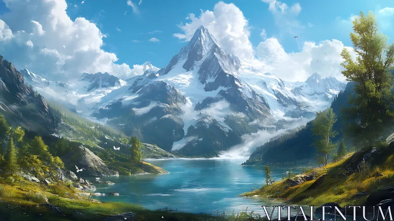 Snow‑covered mountain above lake with mixed forest slopes.