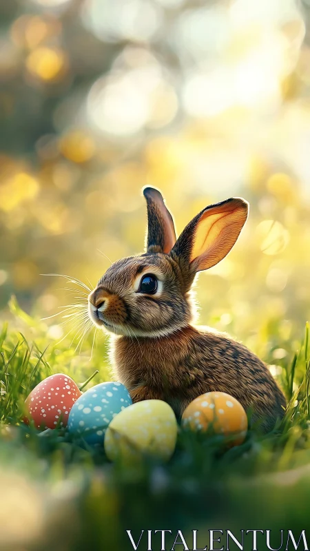 Brown rabbit with colorful Easter eggs in soft sunlight.