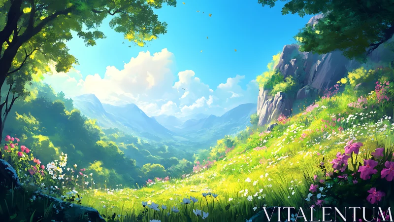 Mountain valley landscape with sunlit wildflower meadow.