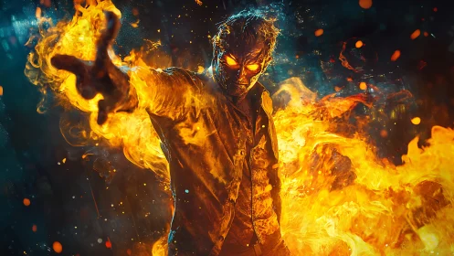 Pyrokinetic humanoid in dynamic combustion field projection.