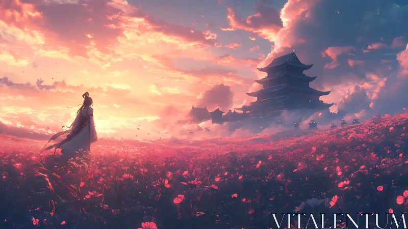 Samurai silhouette in crimson flower field at sunset horizon