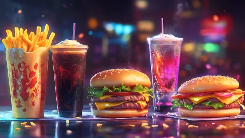 Colorful fast food meal with burgers, fries and drinks.