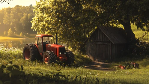 Red tractor stands near wooden shed by sunlit lakeside