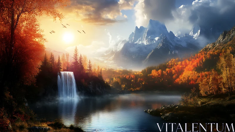 Mountain lake landscape shows waterfall, forest and sunset