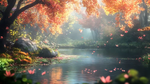 Tranquil forest pond under glowing autumn foliage.