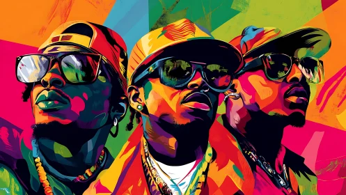 Three stylized male figures in multicolored geometric portrait.