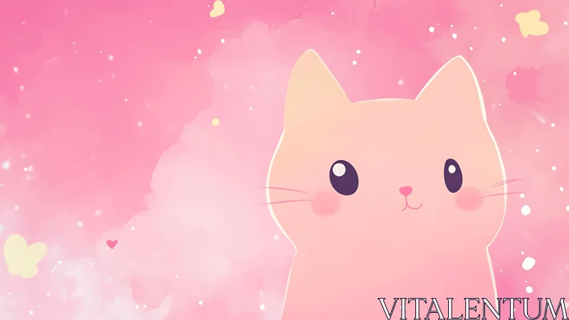 Cute Pink Cat Character with Sparkles in Dreamy Cloud Sky
