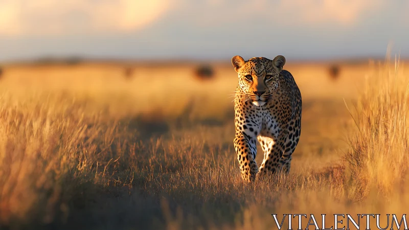 Leopard walking through tall dry grassland at sunset.