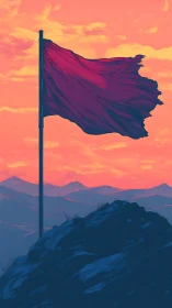 Crimson flag on summit ridge at sunset with stylized mountains