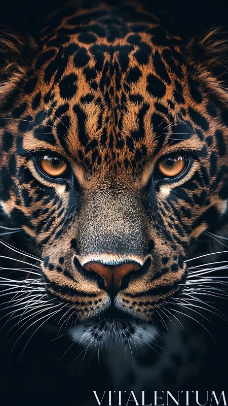 Frontal Jaguar Portrait with Penetrating Amber Eyes and Complex Rosette Patterning.