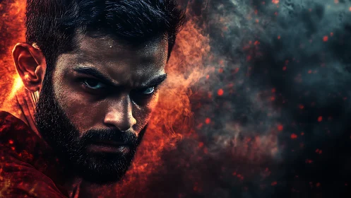 Smoldering warrior gaze carved from embers and stormclouds.