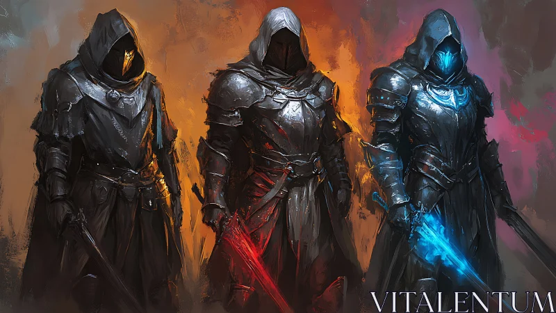 Hooded elemental knights stand guard with burning spectral blades