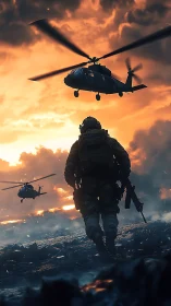 Combat soldier advances under burning extraction sky.