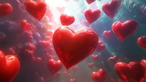 Luminous Red Hearts Floating in Clouds.