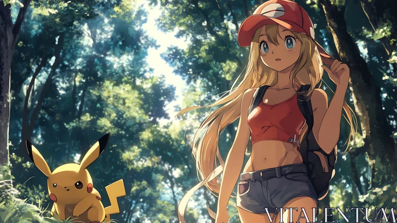 Anime forest scene with trainer girl and Pikachu companion.