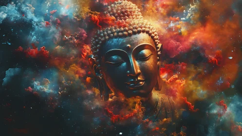 Buddha statue head floats amid cosmic nebula clouds