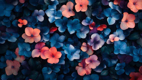 Coral and Blue Flowers Bloom in Artistic Contrast.