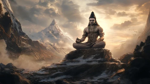 Serene mountain meditation with Lord Shiva at sunrise.