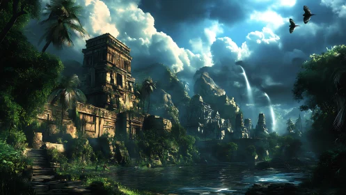 Ancient stone temple complex in dense tropical valley landscape.