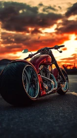 Custom red chopper motorcycle under cinematic sunset sky.