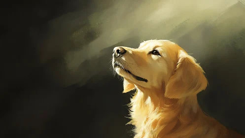 Golden retriever portrait rendered in dramatic chiaroscuro light
