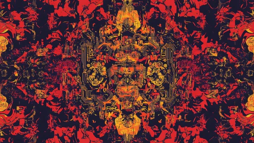 Symmetrical circuit-like abstraction overlays dense red textures