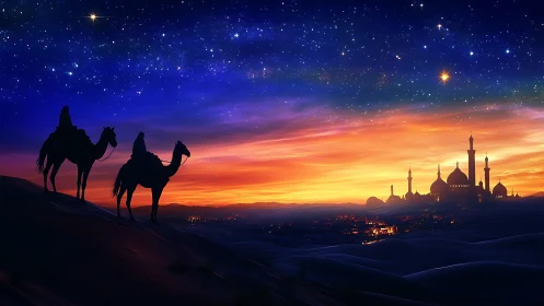 Desert travelers under a starlit sky approaching a glowing city.