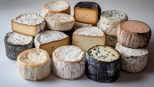 Assorted rounds of ripened artisanal cheeses on neutral surface.