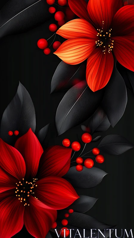 Digital floral composition featuring crimson blooms with luminous golden stamens against charcoal fo