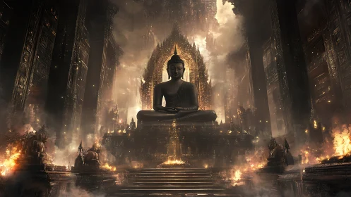 Serene Buddha statue rises in a vast, burning temple realm