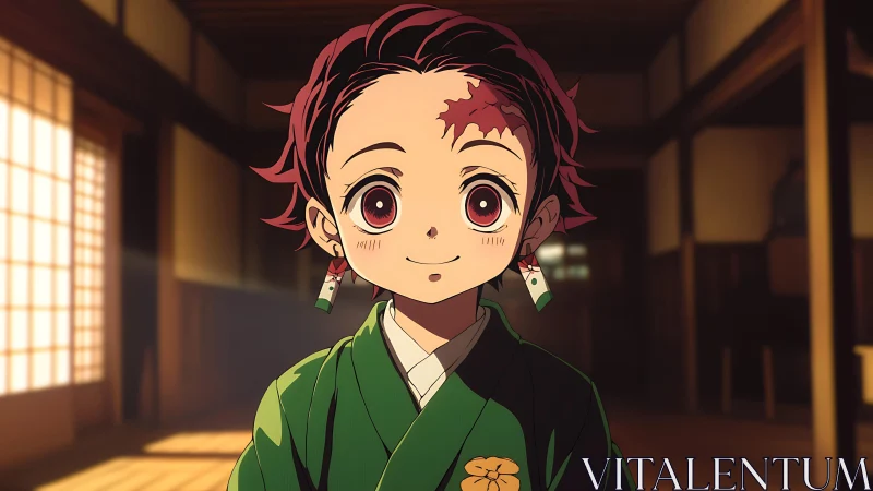 Young anime boy in kimono under warm shoji side lighting, frontal