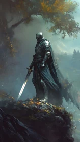 Brooding dusk knight poised on a mist-drenched cliff edge.