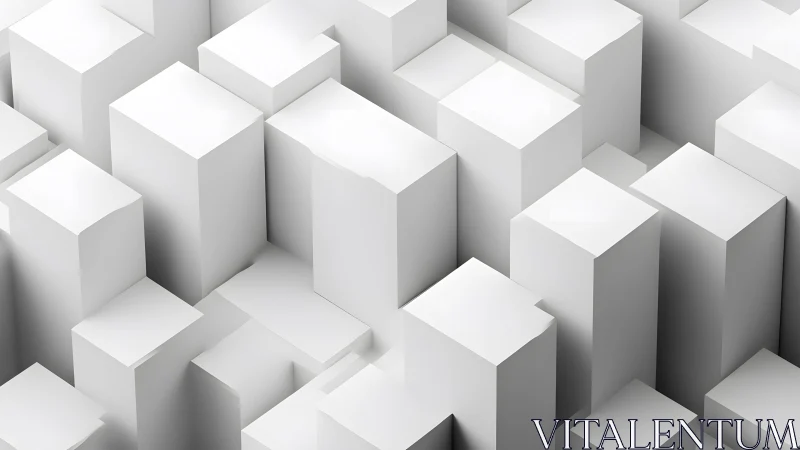 Minimalist abstract cityscape with white geometric blocks, 3D style.