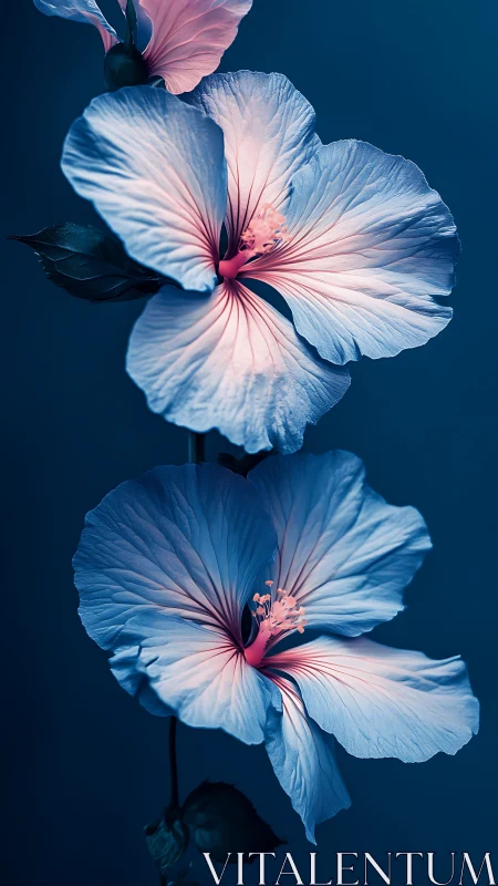 Hibiscus Petals in Blue: Twin Blooms with Pink Stamens and Gradient Illumination